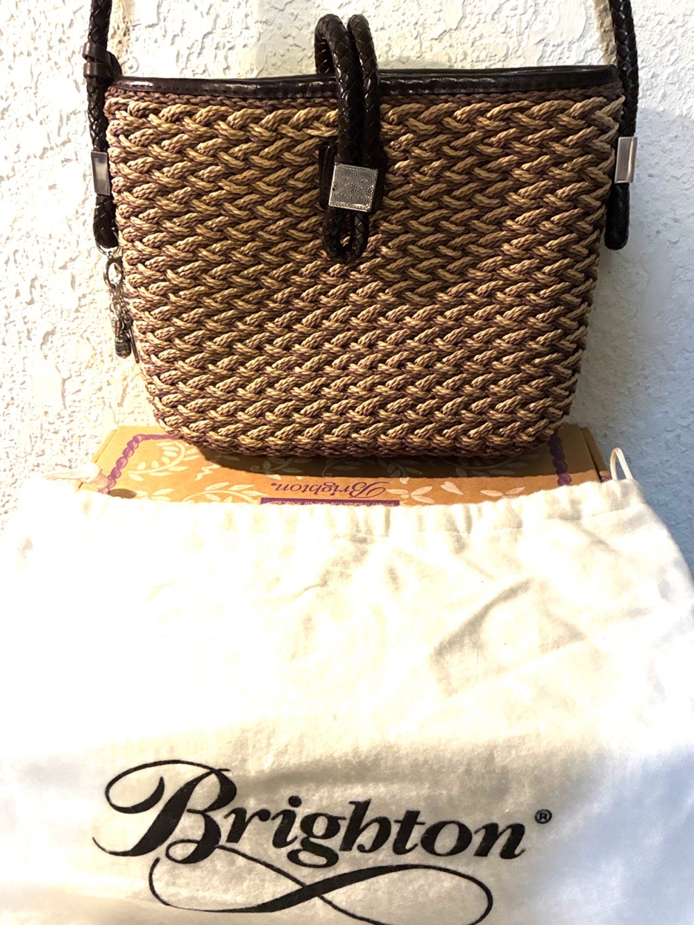 Brighton Brown Woven Straw Shoulder Bag with Dark Trim